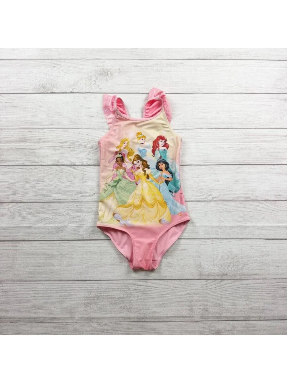 H&M Disney Princess Pink Girls Swimsuit Ruffle Back Glitter Accents 6X-7
